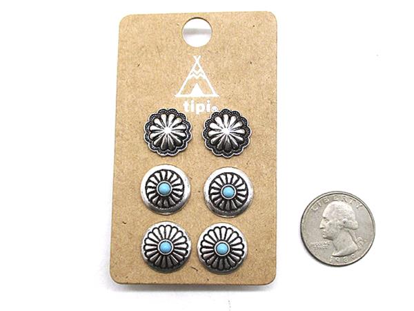 WESTERN STYLE TQ STONE STUD EARRING 3 PAIR SET