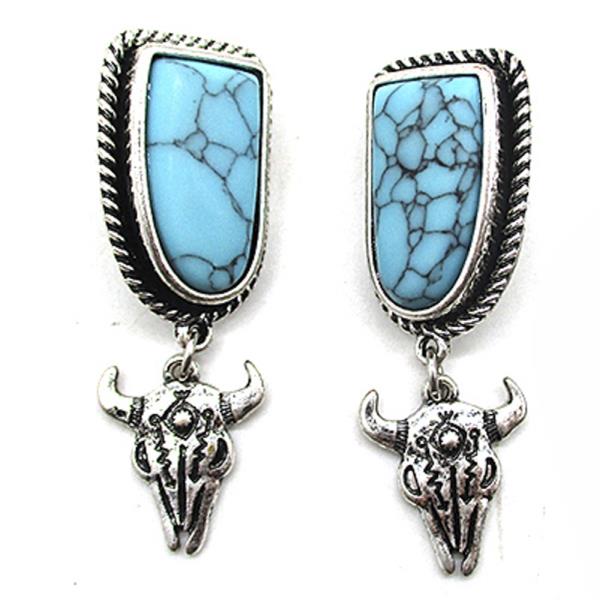 WESTERN STYLE TQ STONE COW SKULL DANGLE EARRING