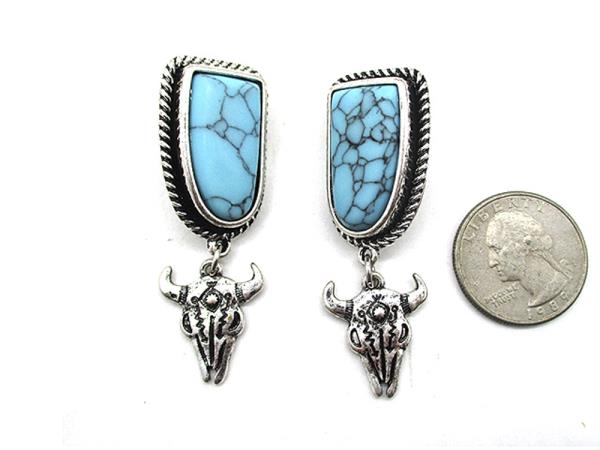 WESTERN STYLE TQ STONE COW SKULL DANGLE EARRING