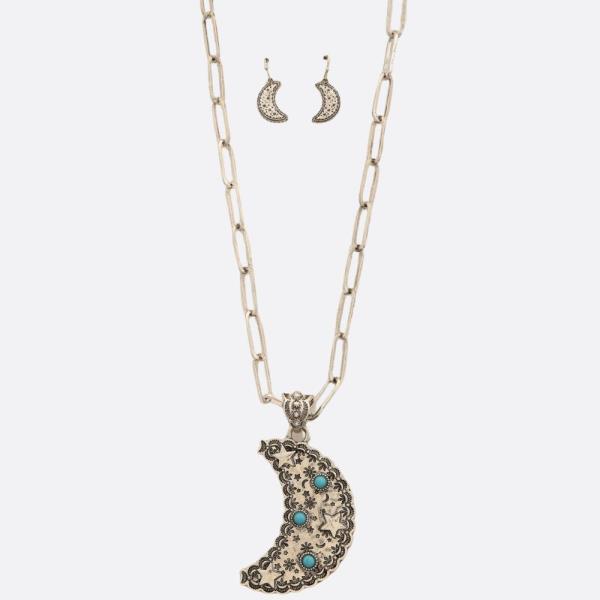 STAR MOON TURQUOISE BEAD PENDANT METAL OVAL LINK NECKLACE