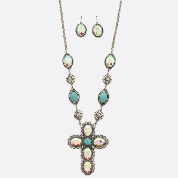 WESTERN STYLE CROSS PENDANT RHINESTONE NECKLACE