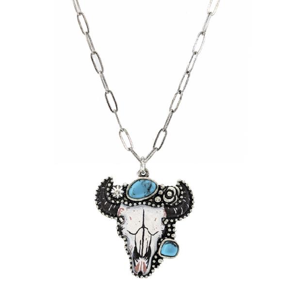 WESTERN STYLE TQ STONE COW SKULL PENDANT NECKLACE