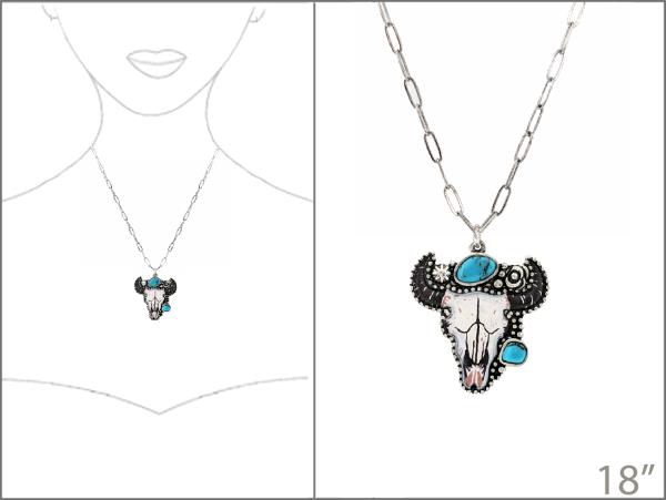 WESTERN STYLE TQ STONE COW SKULL PENDANT NECKLACE