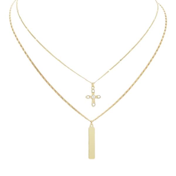 2 LAYERED METAL CHAIN CROSS BAR PENDANT NECKLACE