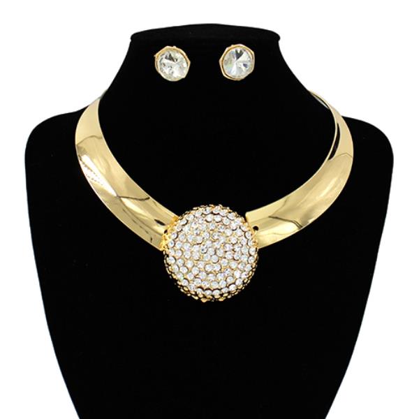 ROUND RHINESTONE CHUNKY NECKLACE EARRING SET