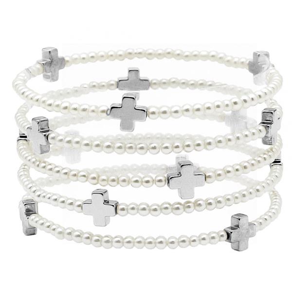 MULTI METAL CROSS AND PEARL BRACELET