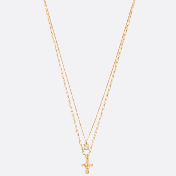 CROSS CHARM CRYSTAL LAYERED NECKLACE