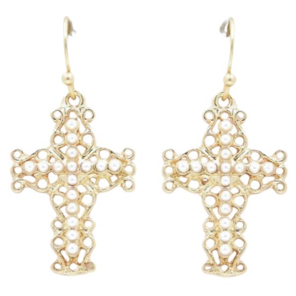 METAL PEARL CROSS DANGLE EARRING