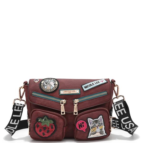 NICOLE LEE PET BFF STRAWBERRY MULTI PATCH FLAP CROSSBODY BAG