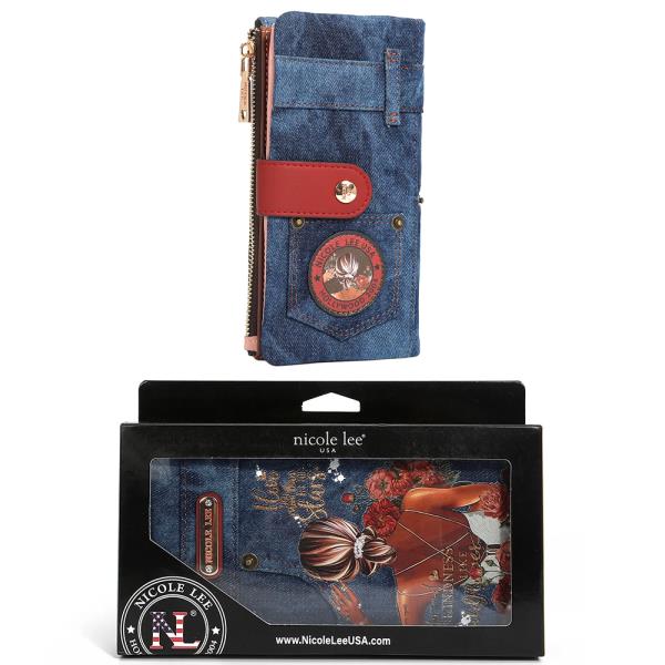 NICOLE LEE DENIM AMANDA 2 PIECE BIFOLD ANTI THEFT RFID WALLET