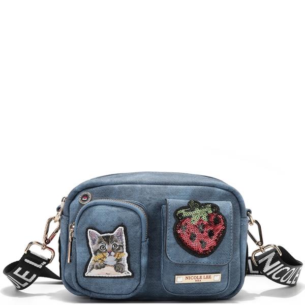 NICOLE LEE KITTY CAT STRAWBERRY MULTI PATCH CROSSBODY BAG