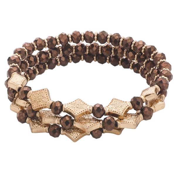 FLOWER METAL CRYSTAL SEMI PRECIOUS STONE BEADED STRETCH BRACELET SET