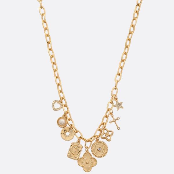 CLOVER CROSS MULTI CHARM OVAL LINK METAL NECKLACE