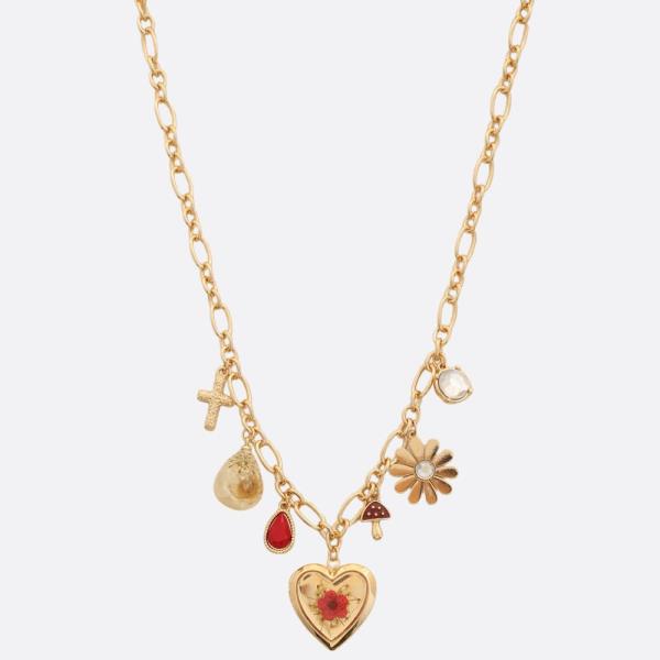 HEART PENDANT MULTI CHARM OVAL LINK NECKLACE