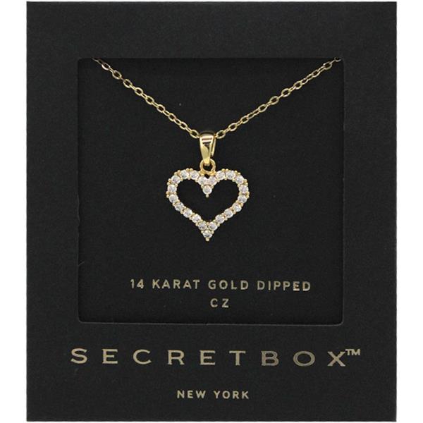 SECRET BOX 14K GOLD STERLING SILVER DIPPED CZ PAVED HEART PENDANT NECKLACE