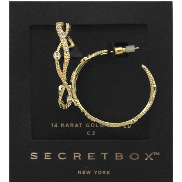 SECRET BOX 14K GOLD STERLING SILVER DIPPED CZ ORNATE TEXTURED C HOOP EARRING