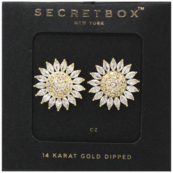 SECRET BOX 14K GOLD STERLING SILVER DIPPED CZ SUNFLOWER EARRING