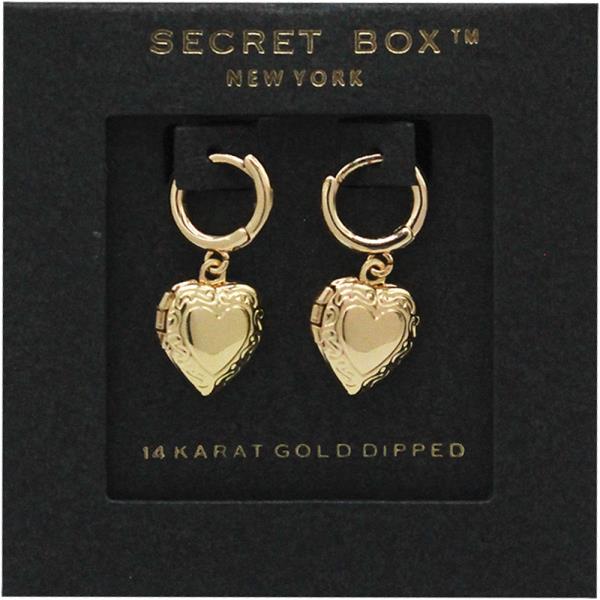 SECRET BOX 14K GOLD STERLING SILVER DIPPED HEART LOCKET HUGGIE HOOP EARRING