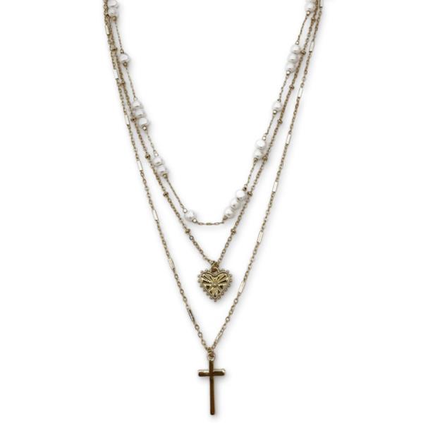 3 LAYERED METAL CHAIN CROSS PENDANT NECKLACE