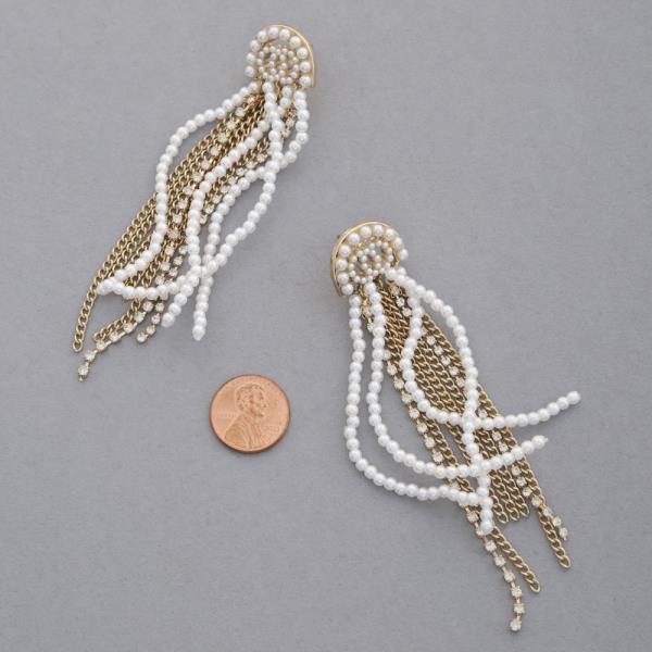 PEARL METAL CHAIN RHINESTONE DANGLE EARRING