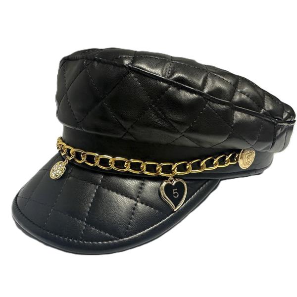 FAUX LEATHER QUILTING MULTI CHARM CHAIN CABBY HAT