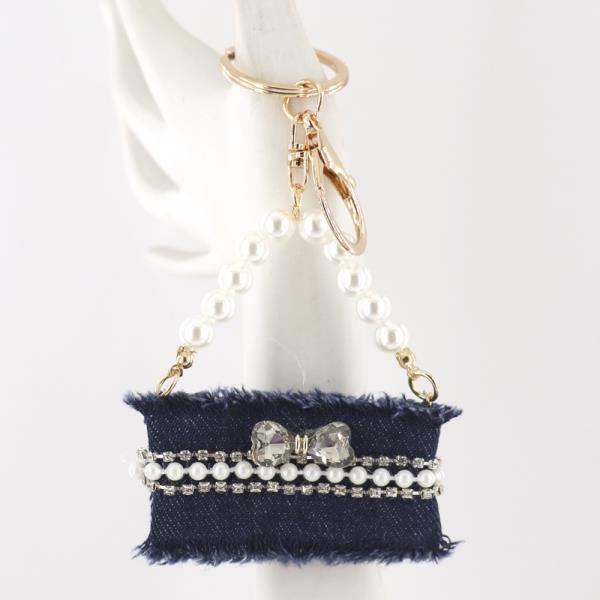 DENIM RIBBON MINI PEARL HANDBAG KEYCHAIN