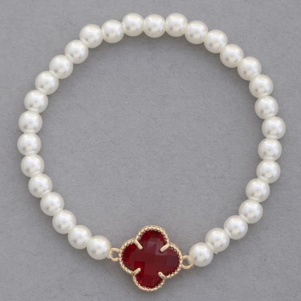 CLOVER CHARM PEARL BEAD STRETCH BRACELET