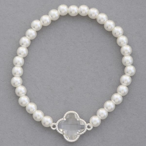 CLOVER CHARM PEARL BEAD STRETCH BRACELET