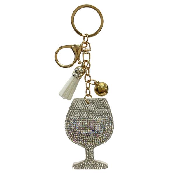 RHINESTONE WINE GLASS KEYCHAIN WITH TASSEL