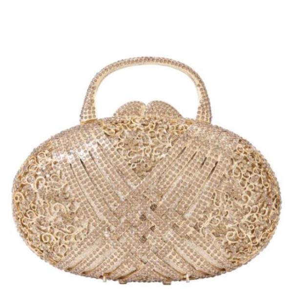 OVAL ORNATE RHINESTONE MINAUDIERE CLUTCH WITH HANDLE BAG