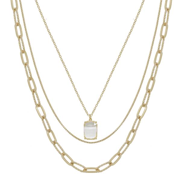 3 LAYERED SQUARE CRYSTAL PENDANT SHORT NECKLACE