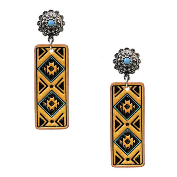 WESTERN FLOWER AZTEC FAUX LEATHER DANGLE EARRING