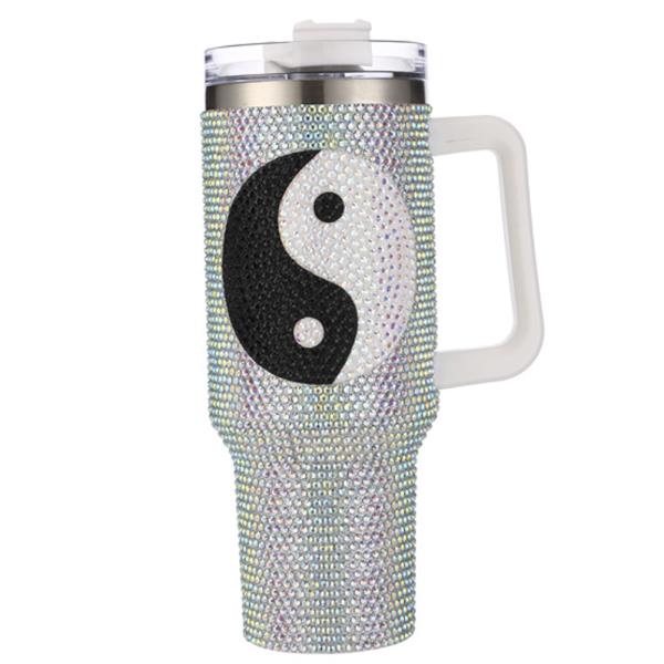 YIN YANG RHINESTONE BLING 40 OZ TUMBLER WITH HANDLE STRAW