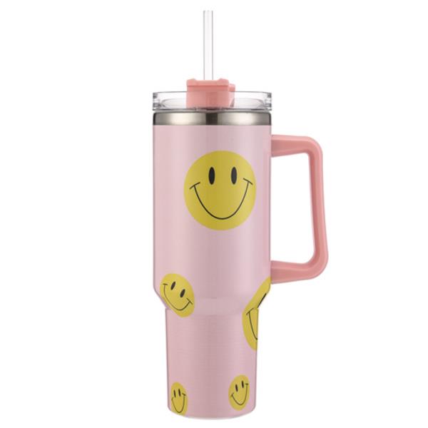 HAPPY FACE 40 OZ TUMBLER WITH HANDLE STRAW