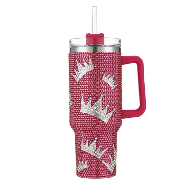 TIARA CROWN RHINESTONE BLING 40 OZ TUMBLER WITH HANDLE STRAW