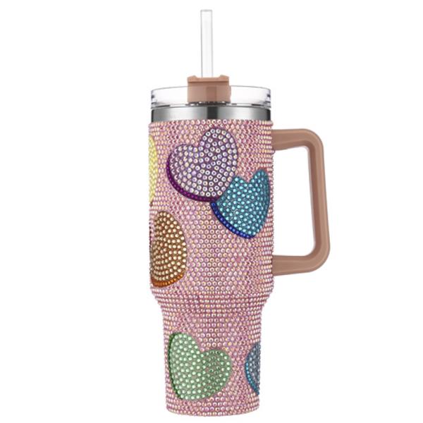 CANDY HEARTS RHINESTONE BLING 40 OZ TUMBLER WITH HANDLE STRAW