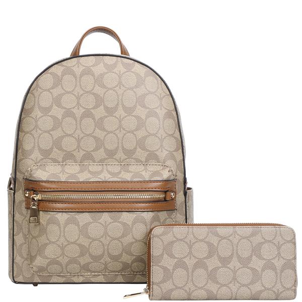 2IN1 TWO TONE OVAL PATTERN DESIGN HANDLE ZIPPER BACKPACK W WALLET SET