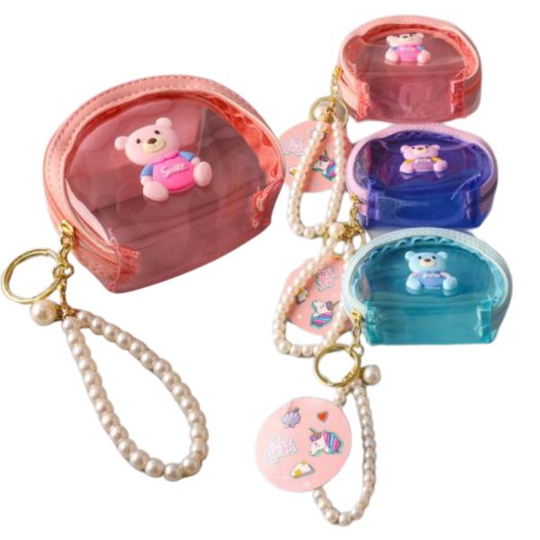 CUTE BEAR COIN PURSE BAG WITH PEARL BEAD STRAP KEYCHAIN 3 PC SET