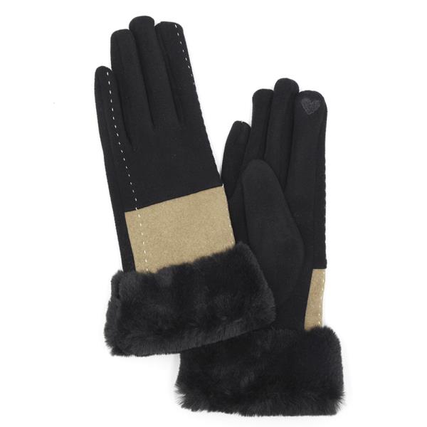 TWO TONE AND STITCH LINES FAUX FUR CUFF SMART TOUCH  GLOVES