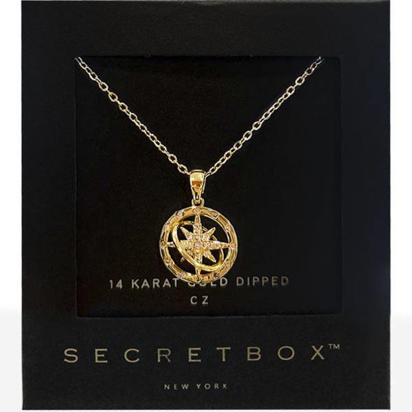 SECRET BOX 14K GOLD DIPPED CZ STARBURST ROUND PENDANT NECKLACE