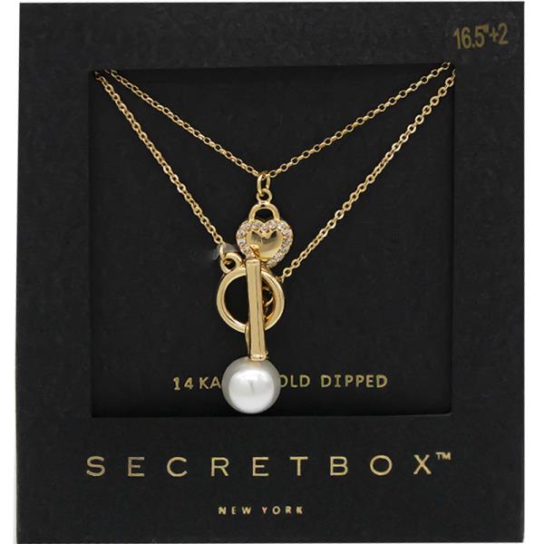 SECRET BOX 14K GOLD DIPPED TOGGLE PEARL AND  HEART NECKLACE