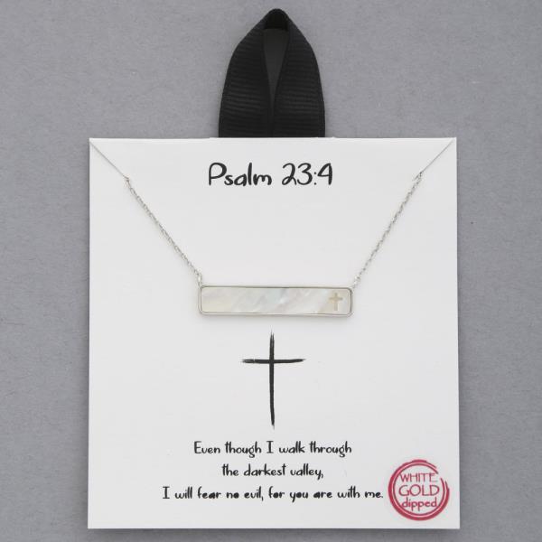 18K GOLD RHODIUM PSALM 23:4 CROSS MOTHER OF PEARL PENDANT NECKLACE