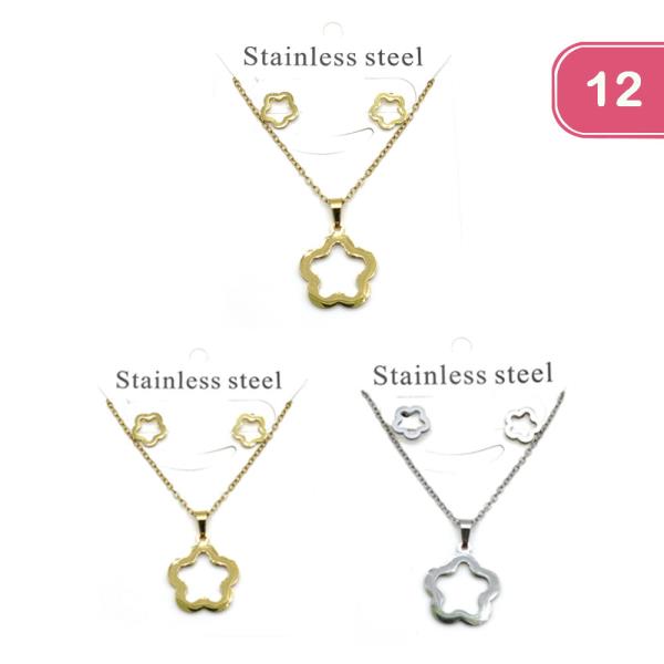 STAINLESS STEEL FLOWER PENDANT NECKLACE EARRING SET (12 UNITS)