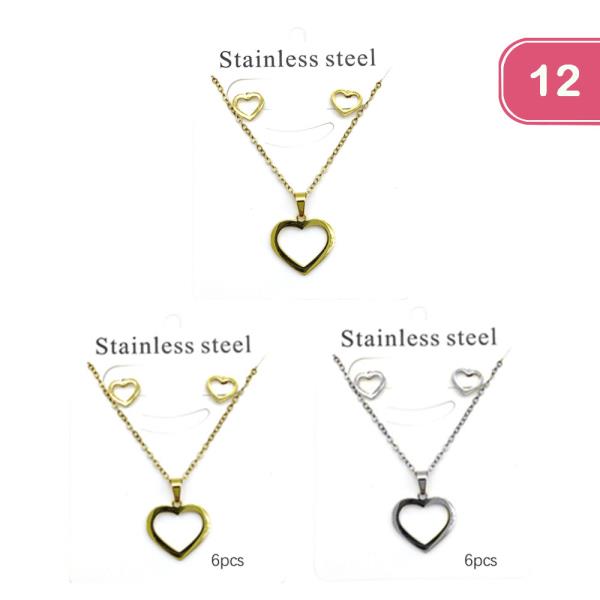 STAINLESS STEEL HEART NECKLACE EARRING SET (12 UNITS)