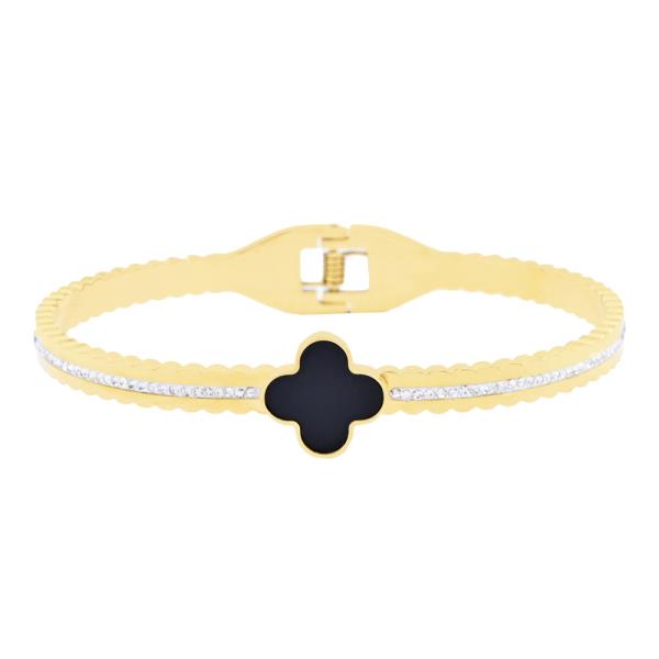 CLOVER CZ STAINLESS STEEL HINGED BANGLE BRACELET