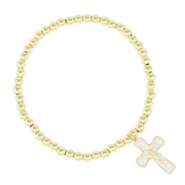 METAL BALL CROSS CHARM STRETCH BRACELET