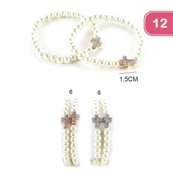 RHINESTONE CROSS BEADED STACKABLE BRACELET (12 UNITS)