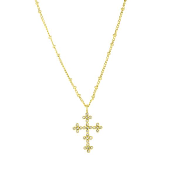 FLOWER CROSS RHINESTONE CROSS PENDANT NECKLACE