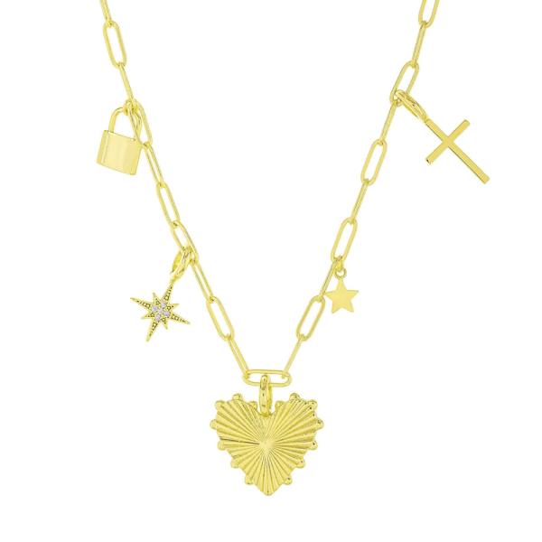 BRASS GOLD PLATED CZ HEART CHARM PENDANT NECKLACE