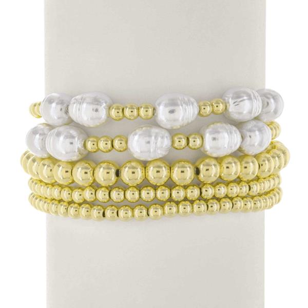 5 PC PEARL METAL BEADED STRETCH BRACELET SET